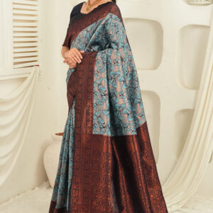 royal green jacquard saree with statement copper border