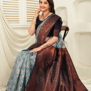 royal green jacquard saree with statement copper border