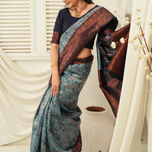 royal green jacquard saree with statement copper border