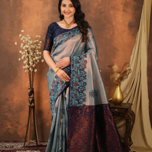 royal blue & silver jacquard designer saree with intricate woven border
