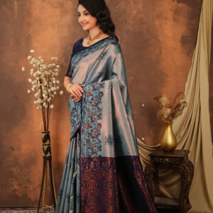 royal blue & silver jacquard designer saree with intricate woven border