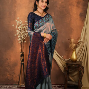 royal blue & silver jacquard designer saree with intricate woven border