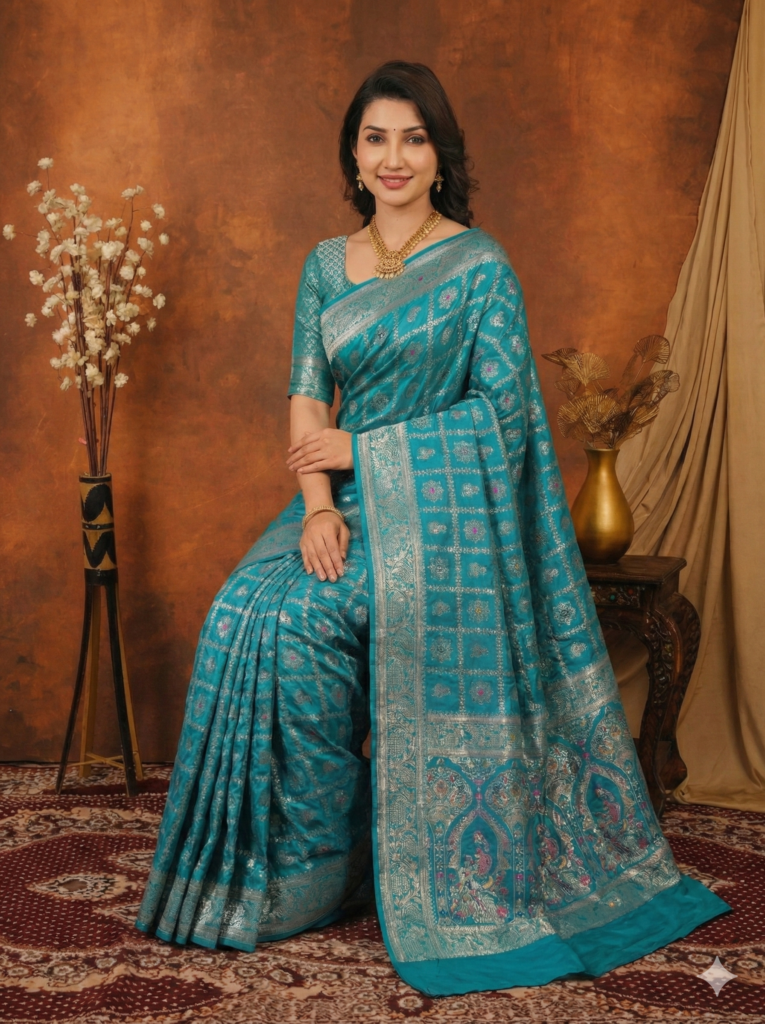 premium blue dola silk saree with blouse piece