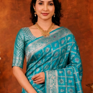 premium blue dola silk saree with blouse piece