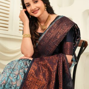 royal green jacquard saree with statement copper border