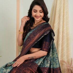 royal green jacquard saree with statement copper border
