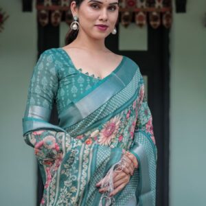 linen saree with blue flower prints