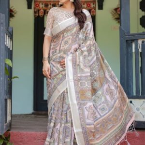 linen saree with blue gardening floral prints