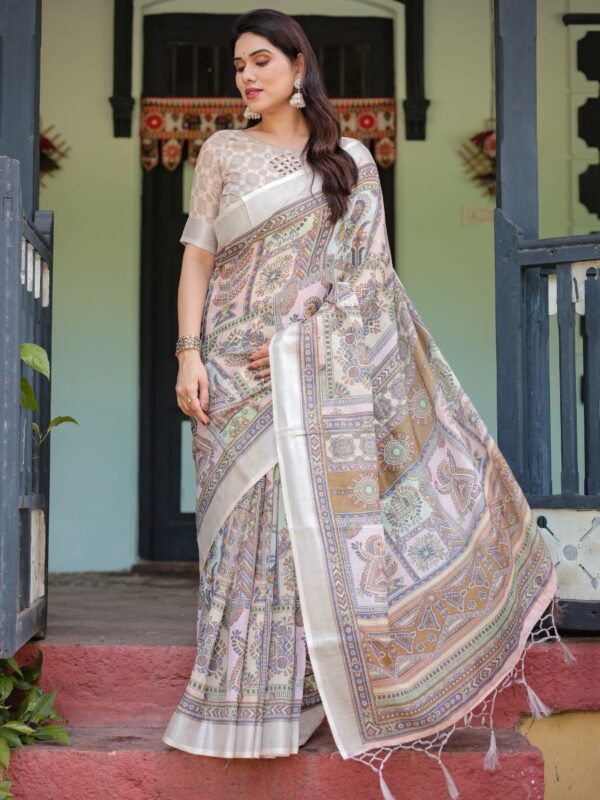 linen saree with blue gardening floral prints
