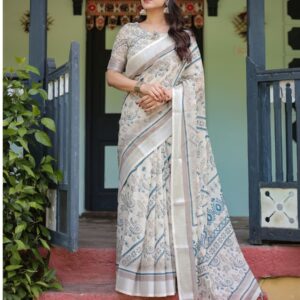 linen saree with blue floral prints