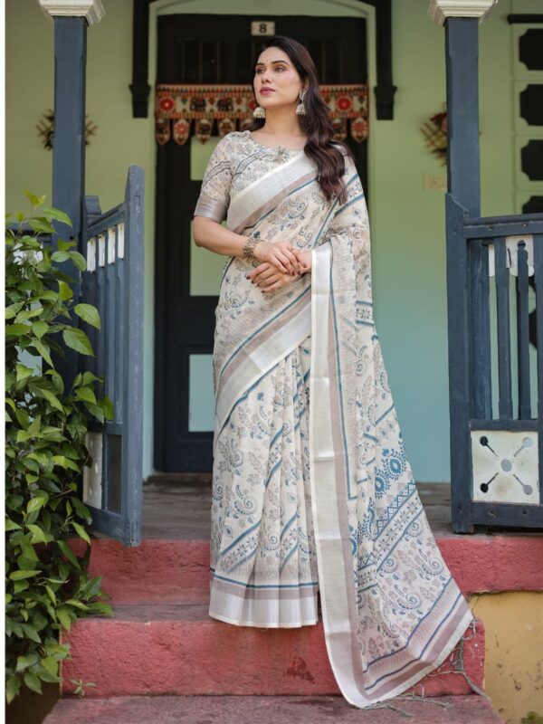 linen saree with blue floral prints