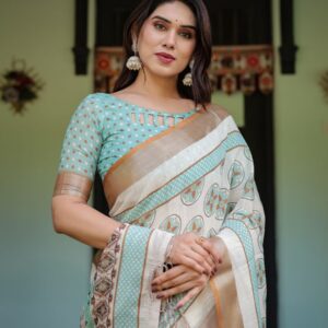 elegant beige linen saree with aqua motifs