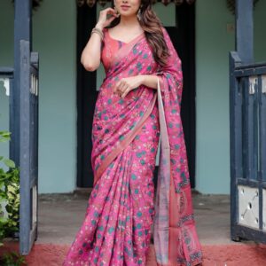 rose garden floral linen saree