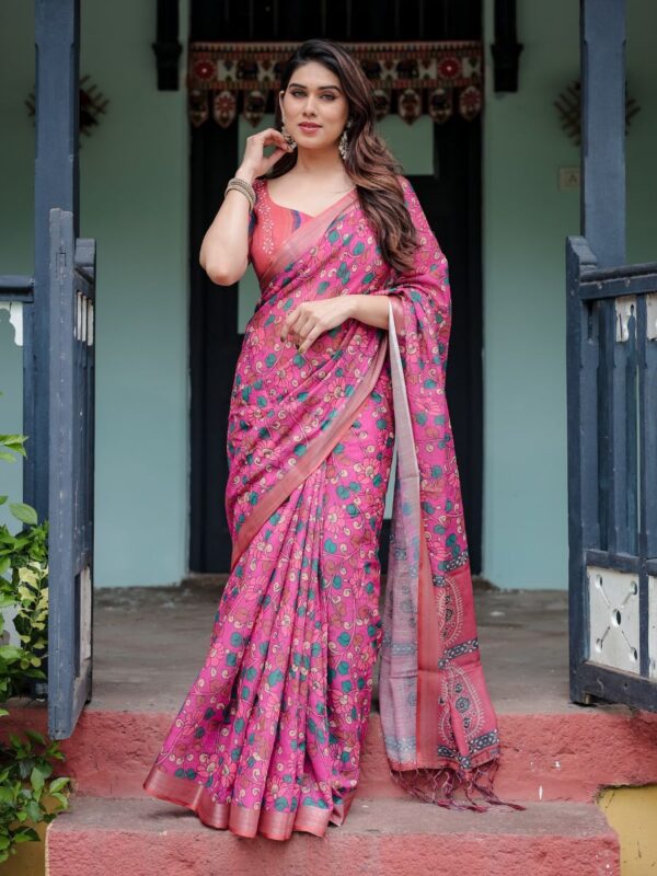 rose garden floral linen saree