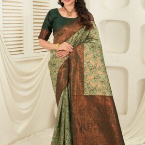 royal green jacquard saree with statement copper border