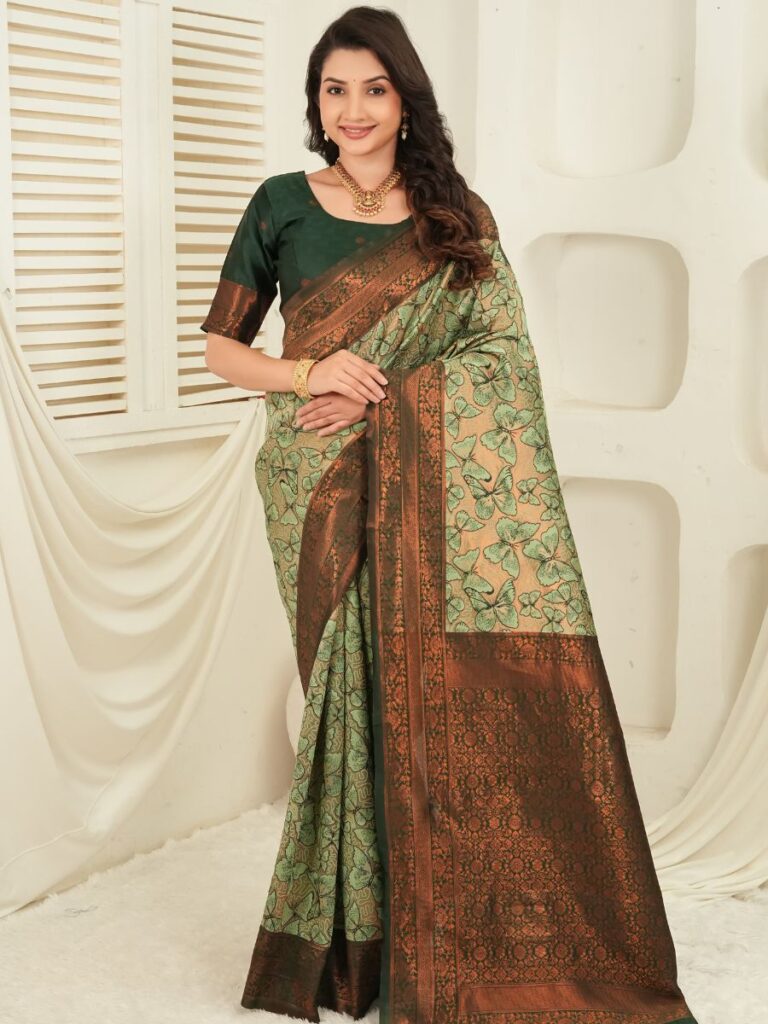 royal green jacquard saree with statement copper border