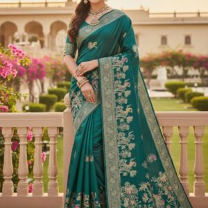 premium dola silk with peacock garden drap design in pallu