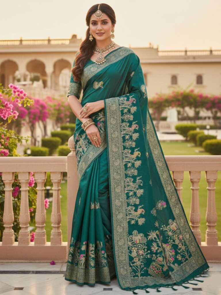 premium dola silk with peacock garden drap design in pallu