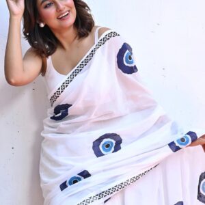 linen cotton saree with evil eye design