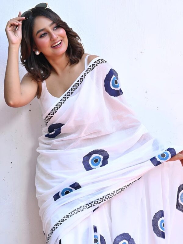 linen cotton saree with evil eye design