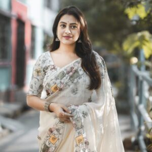 beige linen cotton saree with garden design