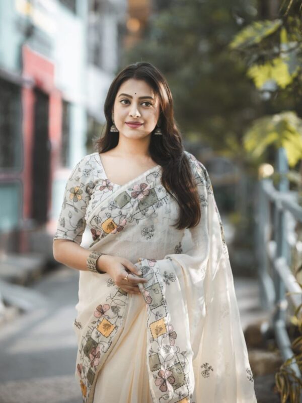 beige linen cotton saree with garden design