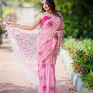 linen saree with pink flower design