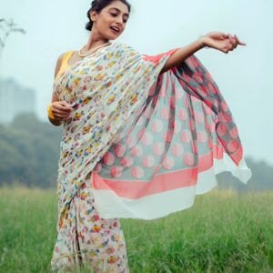linen blend daily wear saree with yellow fish design