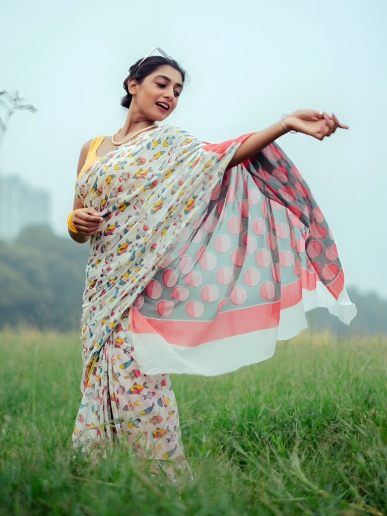 linen blend daily wear saree with yellow fish design